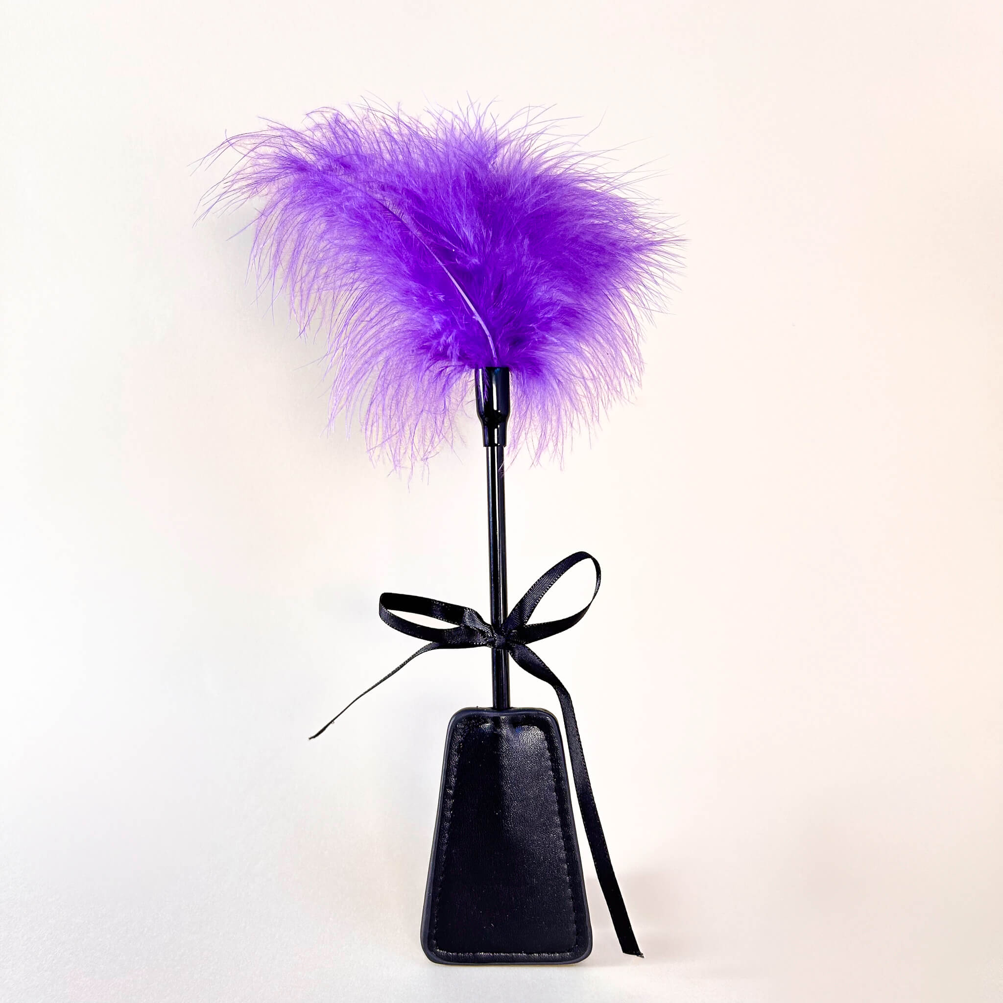 Black feather duster with purple feathers on a white background