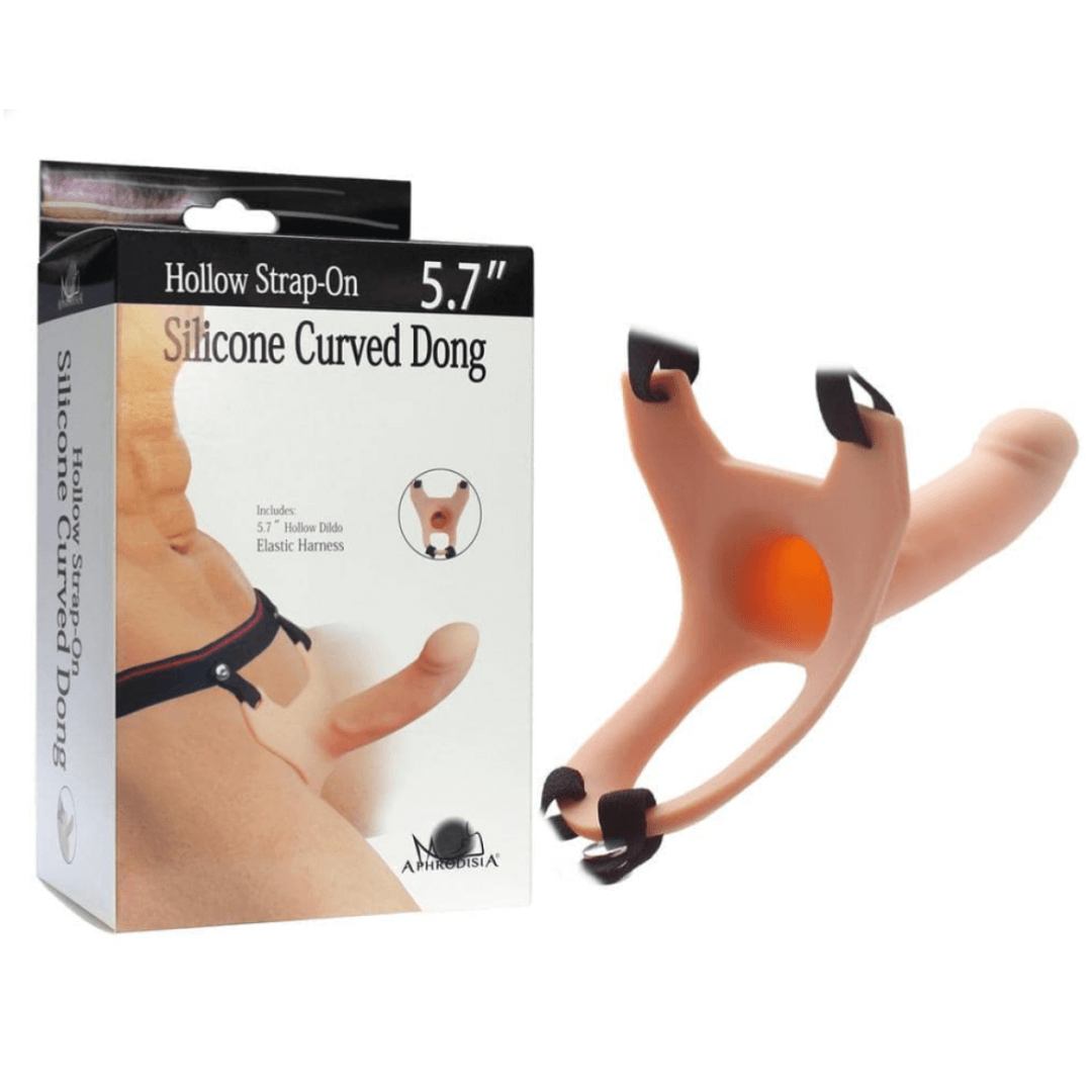 Silicone curved dong with packaging on a white background