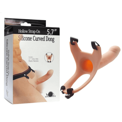Silicone curved dong with packaging on a white background