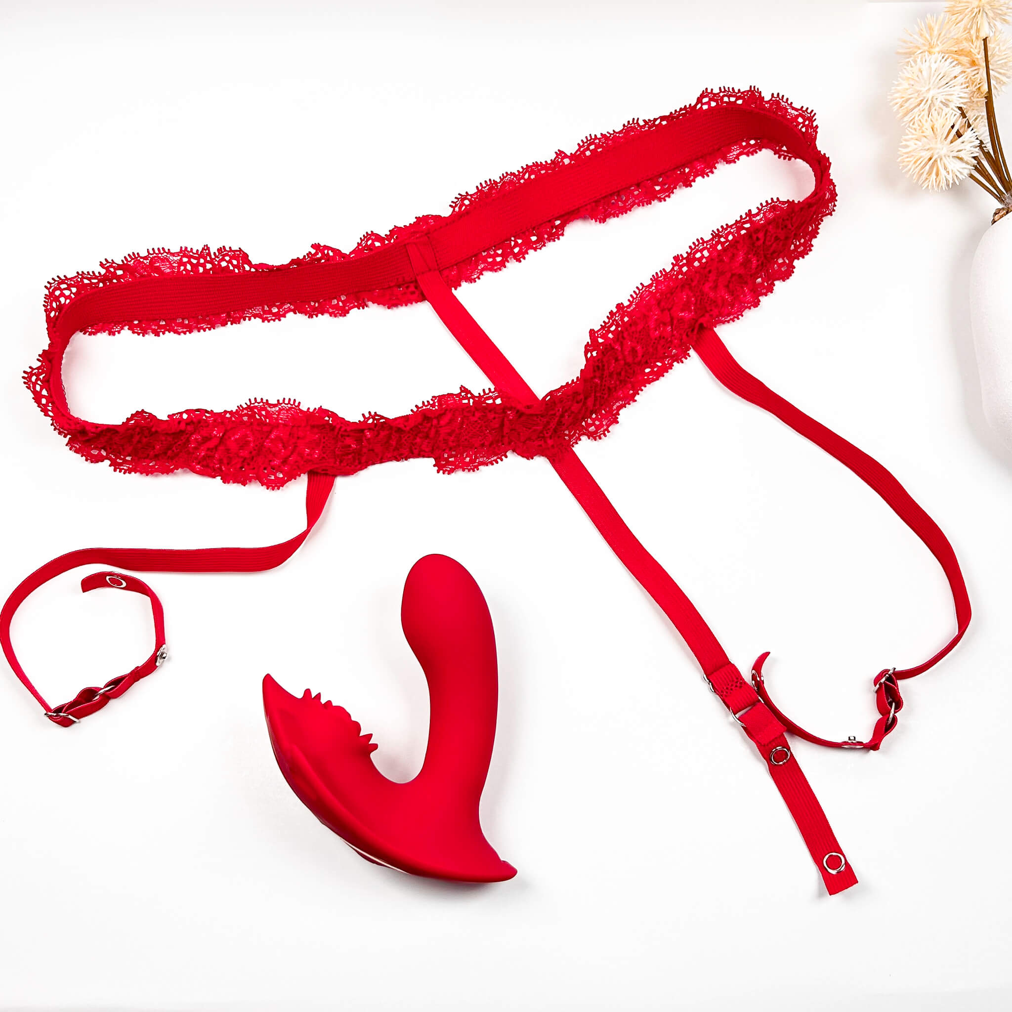 Red lace thong and Insertable App Controlled Panty Vibrators on a white background