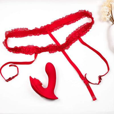 Red lace thong and Insertable App Controlled Panty Vibrators on a white background