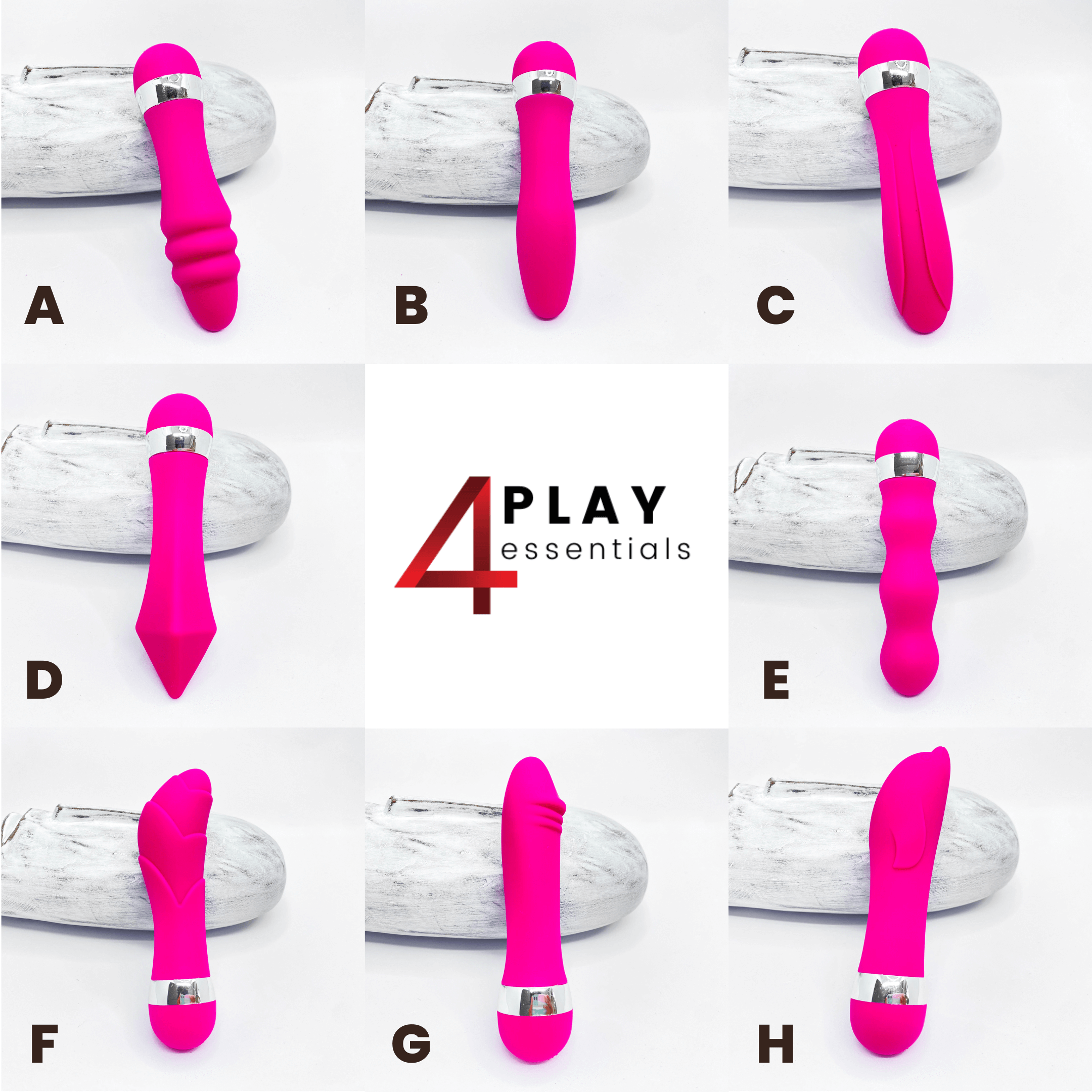 Collage of pink mini massagers with '4Play Essentials' branding on a white background.