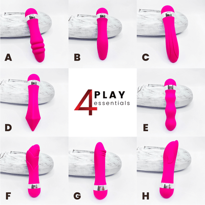 Collage of pink mini massagers with '4Play Essentials' branding on a white background.