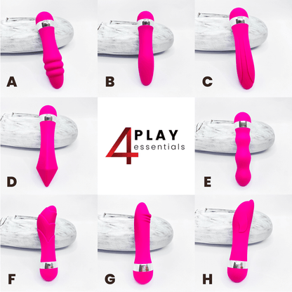 Collage of pink mini massagers with '4Play Essentials' branding on a white background.
