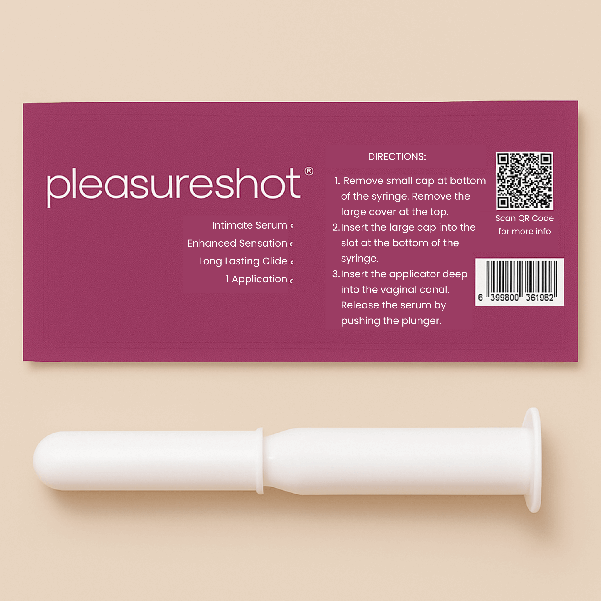 Pleasureshot product packaging with syringe on a beige background