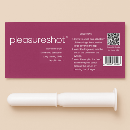 Pleasureshot product packaging with syringe on a beige background