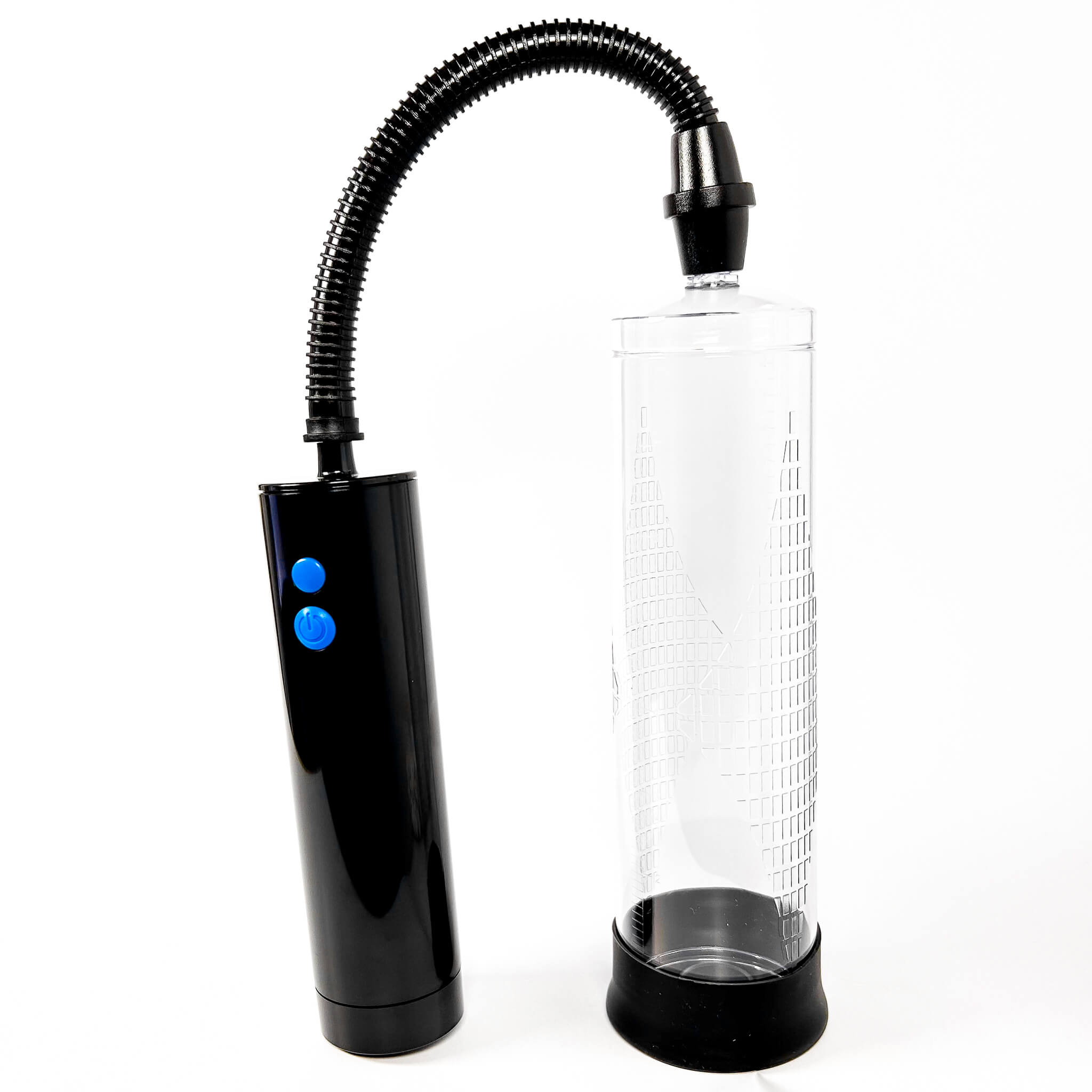 Black PowerUp Man Rechargeable Penis Pump with a flexible hose and clear cylindrical container on a white background