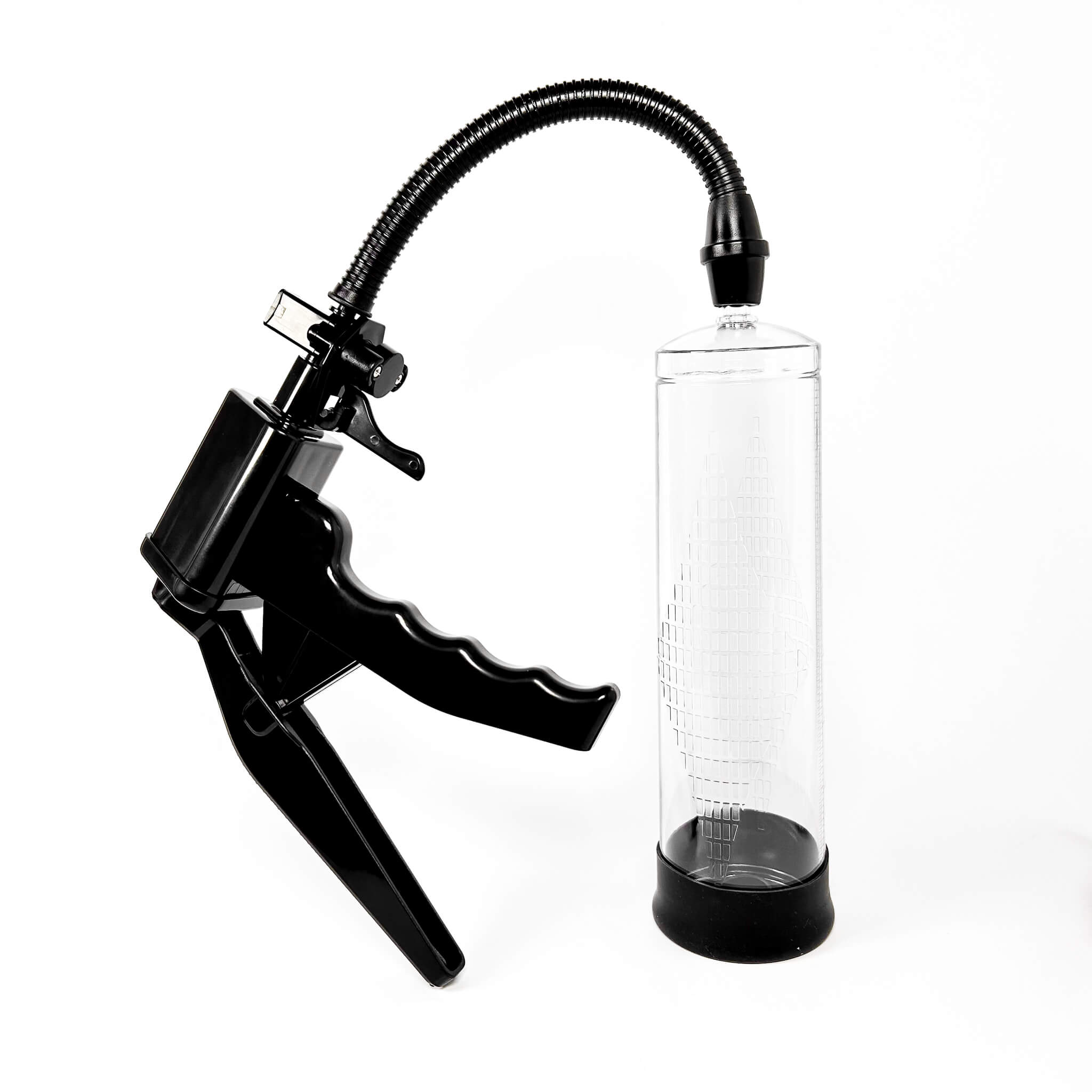 PowerUp Pistol Penis Pump with flexible hose and clear container on a white background