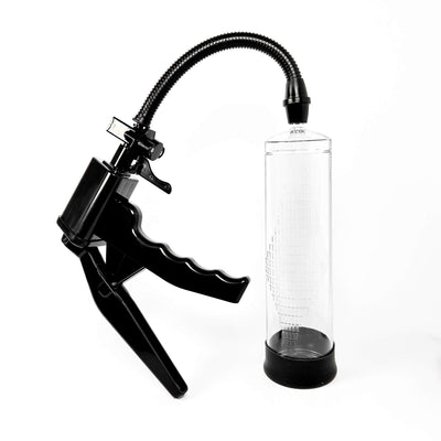 PowerUp Pistol Penis Pump with flexible hose and clear container on a white background