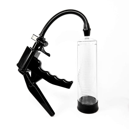 PowerUp Pistol Penis Pump with flexible hose and clear container on a white background