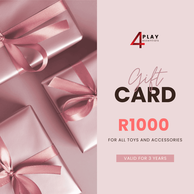 R1000 4Play Essentials Gift card with pink ribbons and '4Play Essentials' branding