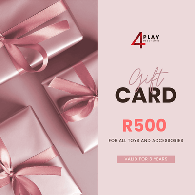 R500 4Play Essentials Gift card with pink ribbons and '4Play Essentials' branding