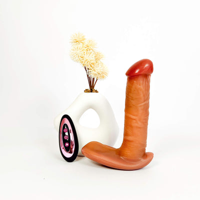 Remote Heating Thrusting & Vibrating Silicone Dildo (16cm/6.3Inch) with a small plant on a white background