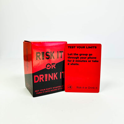 Red and black box with 'Risk It or Drink It' text on a white background