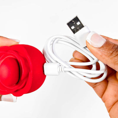 Person holding a red object and a white USB cable on a white background