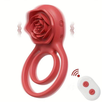 Red rose-shaped remote control cock ring with a smaller white remote control on a white background
