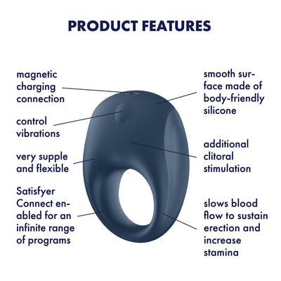 Satisfyer Strong One Vibrating Cock Ring with labeled features on a white background