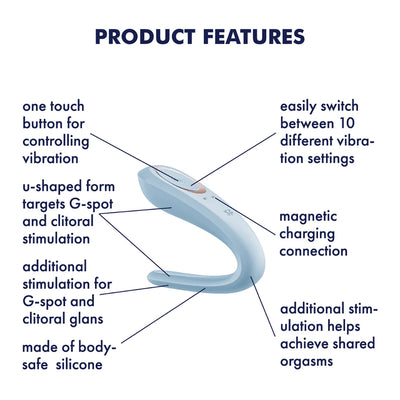 Product features of a Satisfyer Double Classic Couples Vibrator with text labels on a white background