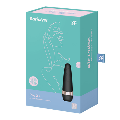 Satisfyer Air Pulse Pro 3+ packaging on a black background