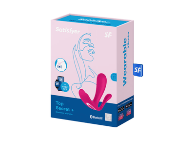 Satisfyer Top Secret Plus App Enabled Product packaging with a pink and blue design on a white background