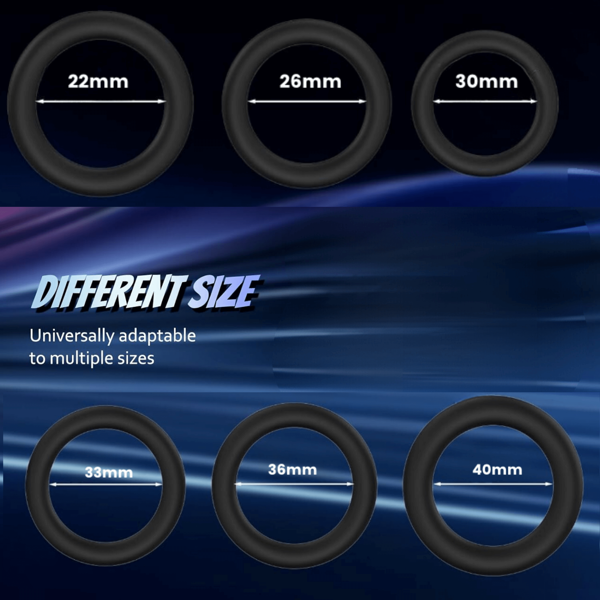 Set of black circular rings with measurements on a blue wave background