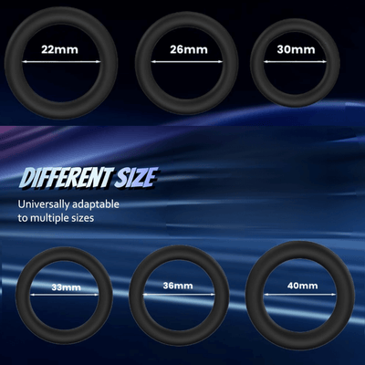 Set of black circular rings with measurements on a blue wave background