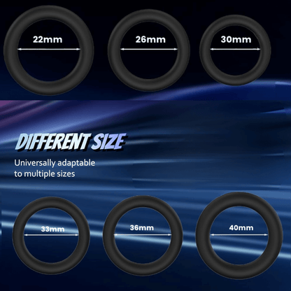 Set of black circular rings with measurements on a blue wave background