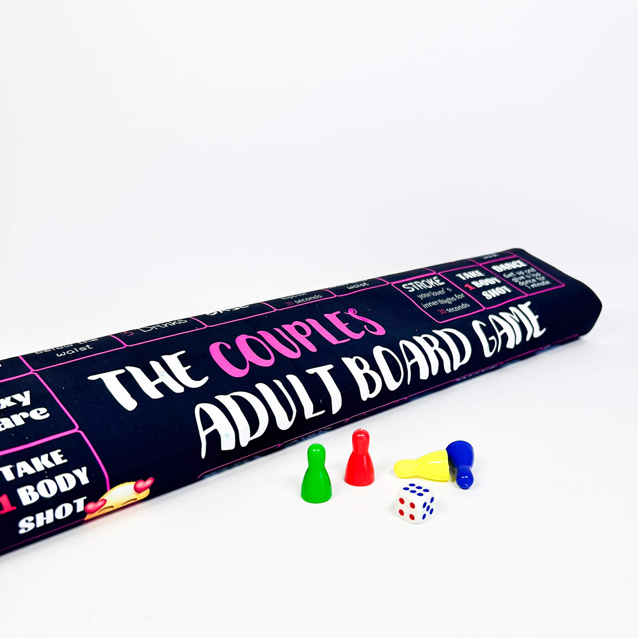 Board game box titled 'The Couples Adult Board Game' with game pieces and dice on a white background