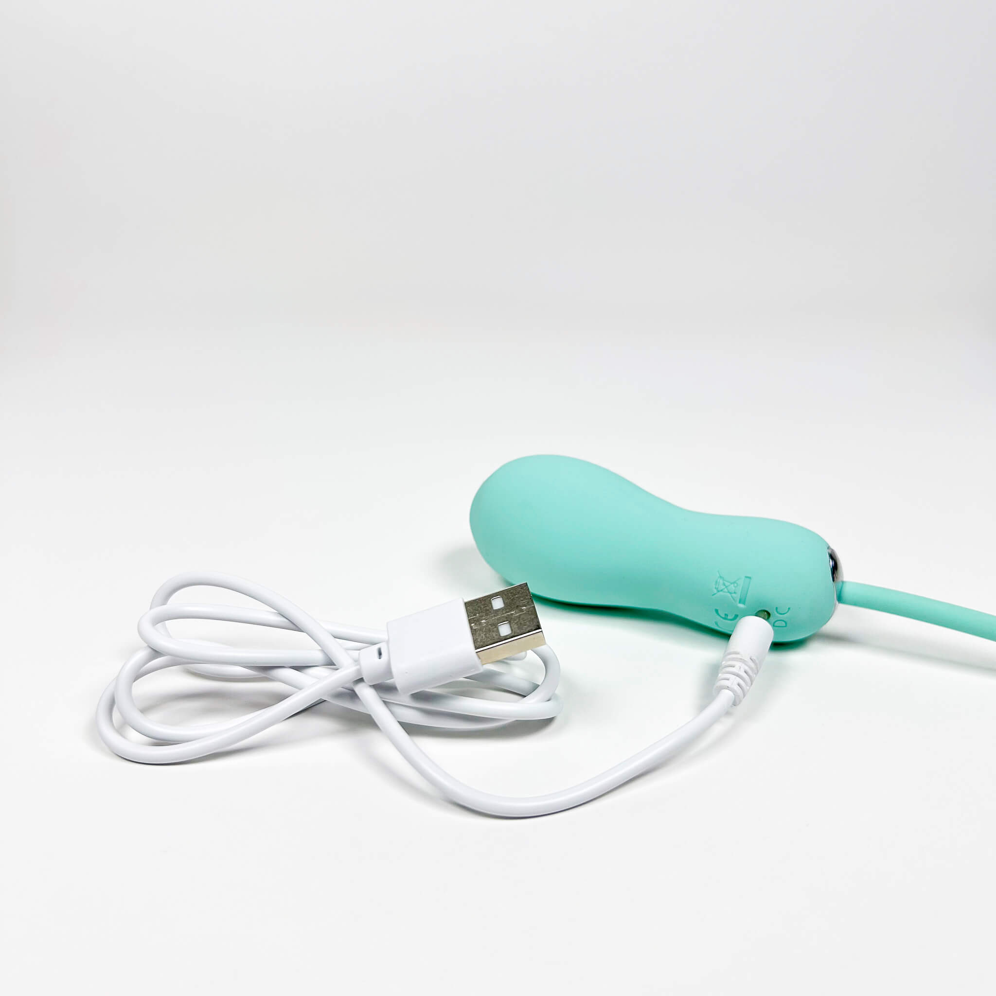 Turquoise USB rechargeable vibrator with a white cable on a white background