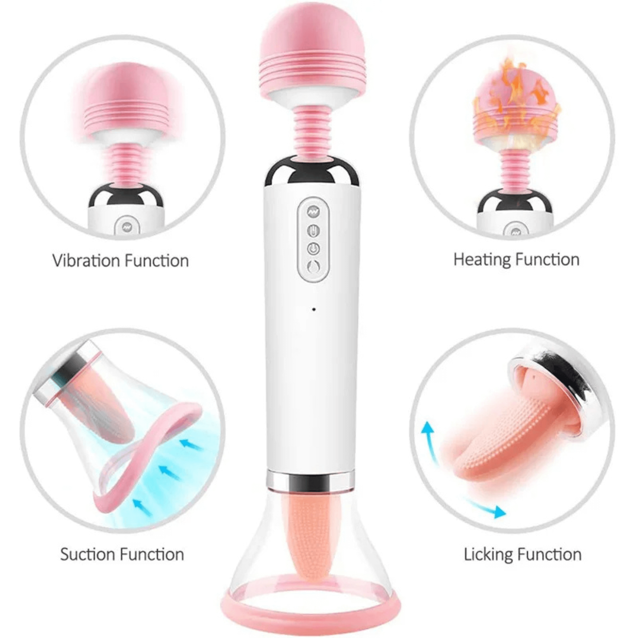 Multi-function device with pink and white design, featuring vibration, heating, suction, and licking functions.