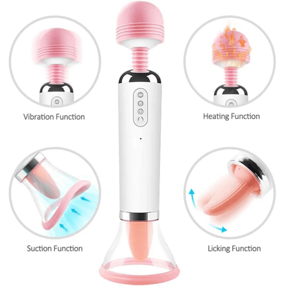 Multi-function device with pink and white design, featuring vibration, heating, suction, and licking functions.