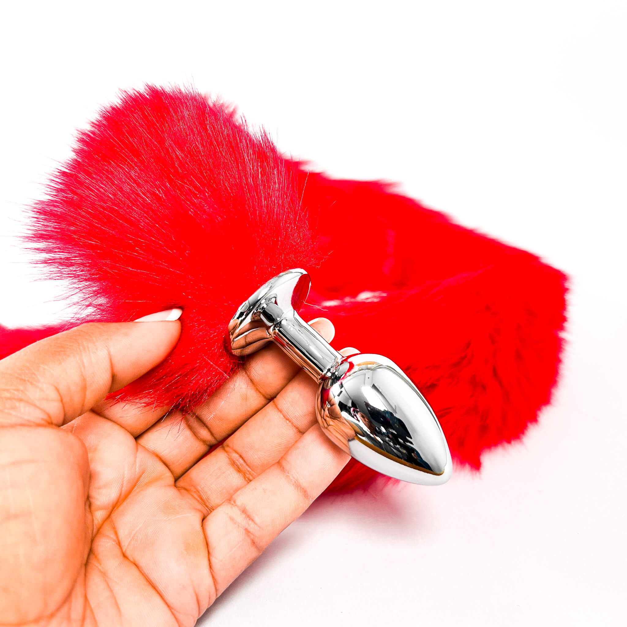 extra long furry tail plug red for petplay cosplay with red furry texture against a white background