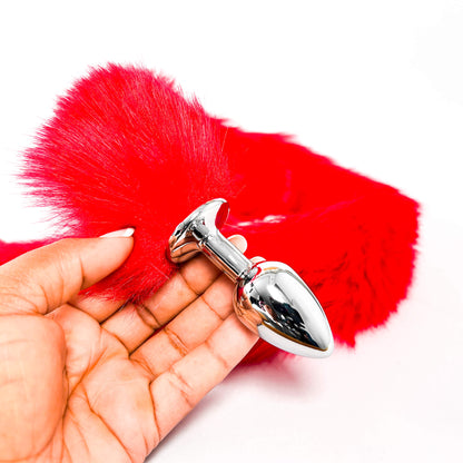 extra long furry tail plug red for petplay cosplay with red furry texture against a white background