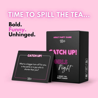 Black box and card from 'Catch Up!' adult party game on a pink background