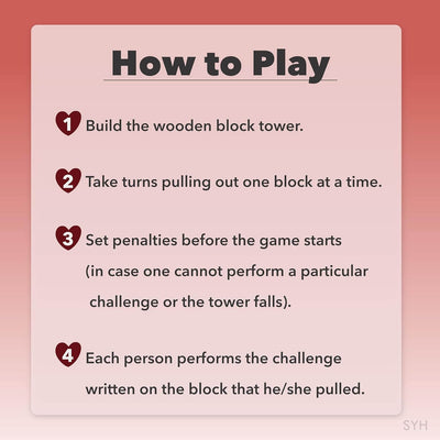 Instructions for playing adult jenga on a pink background