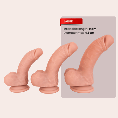 Three peach-colored silicone suction-base inserts shown on a light beige background, with a gray panel labeled LARGE containing text: 'Insertable length: 14cm Diameter max: 4.5cm'.