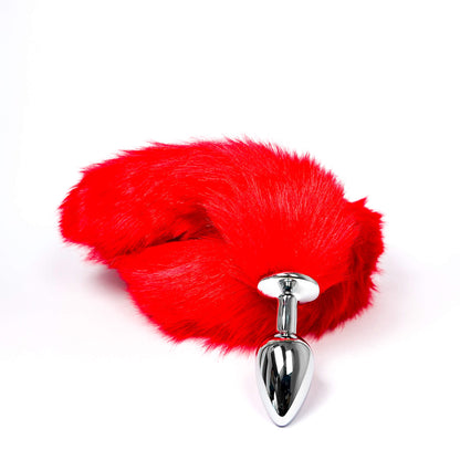 extra long furry tail plug red with a silver metal butt plug on a white background