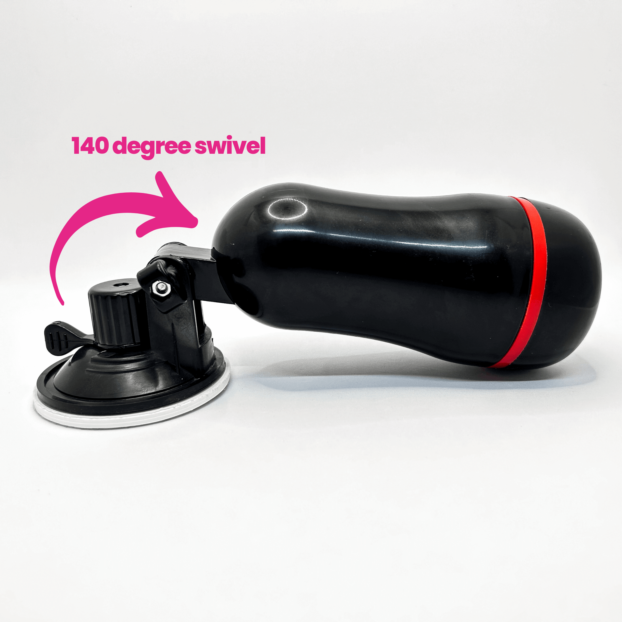 Black suction cup masturbator with red accent and 140-degree swivel feature on a white background