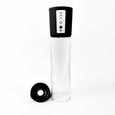penis pump for ed with black cap and base on a white background