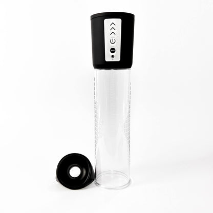 penis pump for ed with black cap and base on a white background