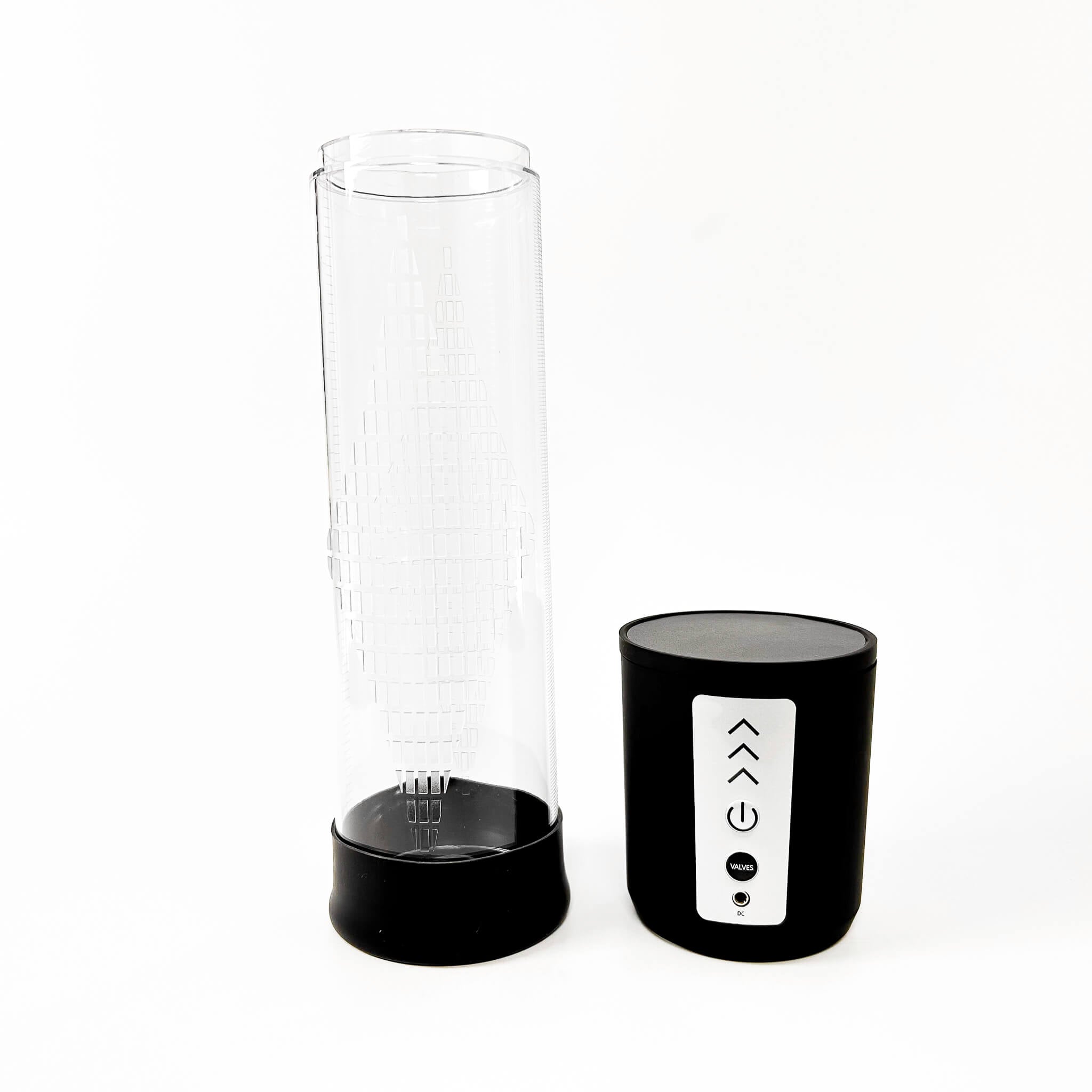 penis pump for ed south africa with black base and lid on a white background