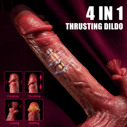 4-in-1 thrusting dildo with labeled functions on a dark background