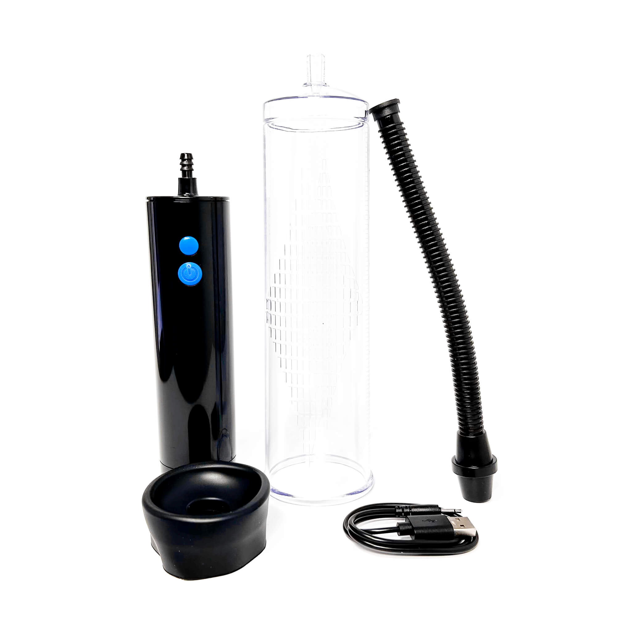 Black rechargeable penis pump with blue buttons, clear cylindrical container, black flexible tube, and black base on a white background.