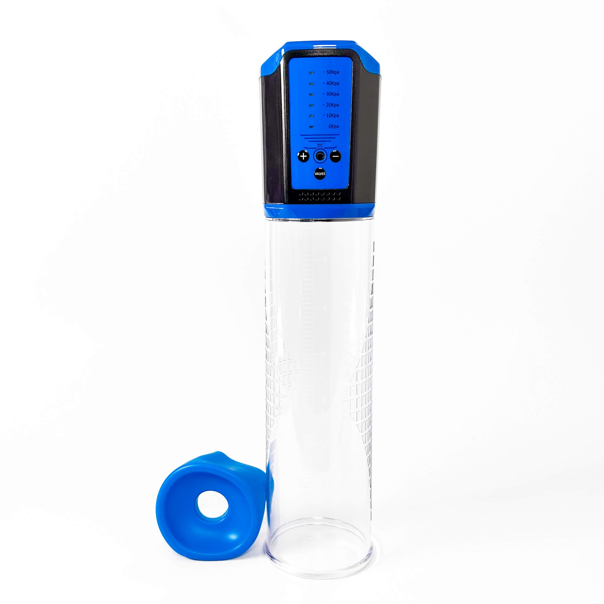 rechargeable penis pump with blue top and base on a white background