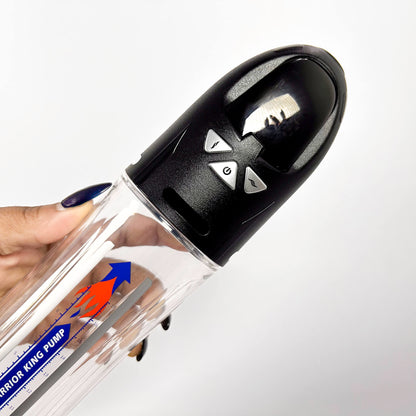 rechargeable penis pump with a black top, featuring control buttons, on a white background.