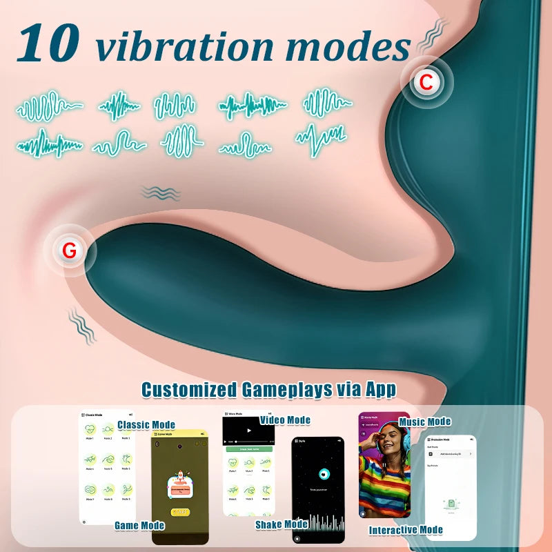 riding vibrator with vibration modes and app customization interface on a teal background