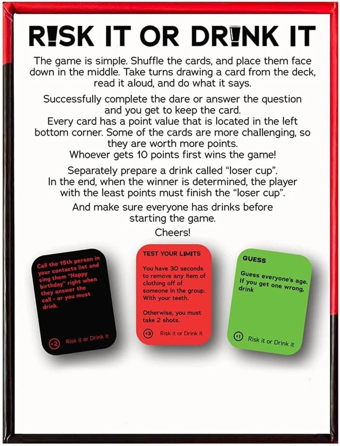 risk it or drink it Card game instructions with three cards displayed on a white background