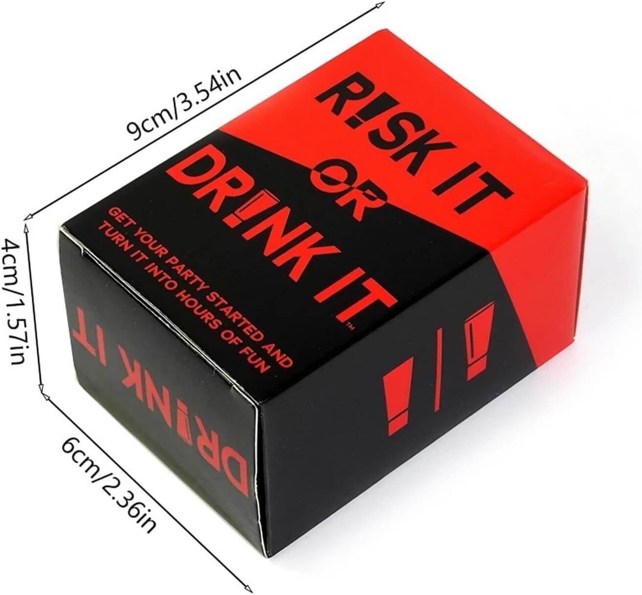 Box with 'Risk It or Drink It' text and dimensions on a white background