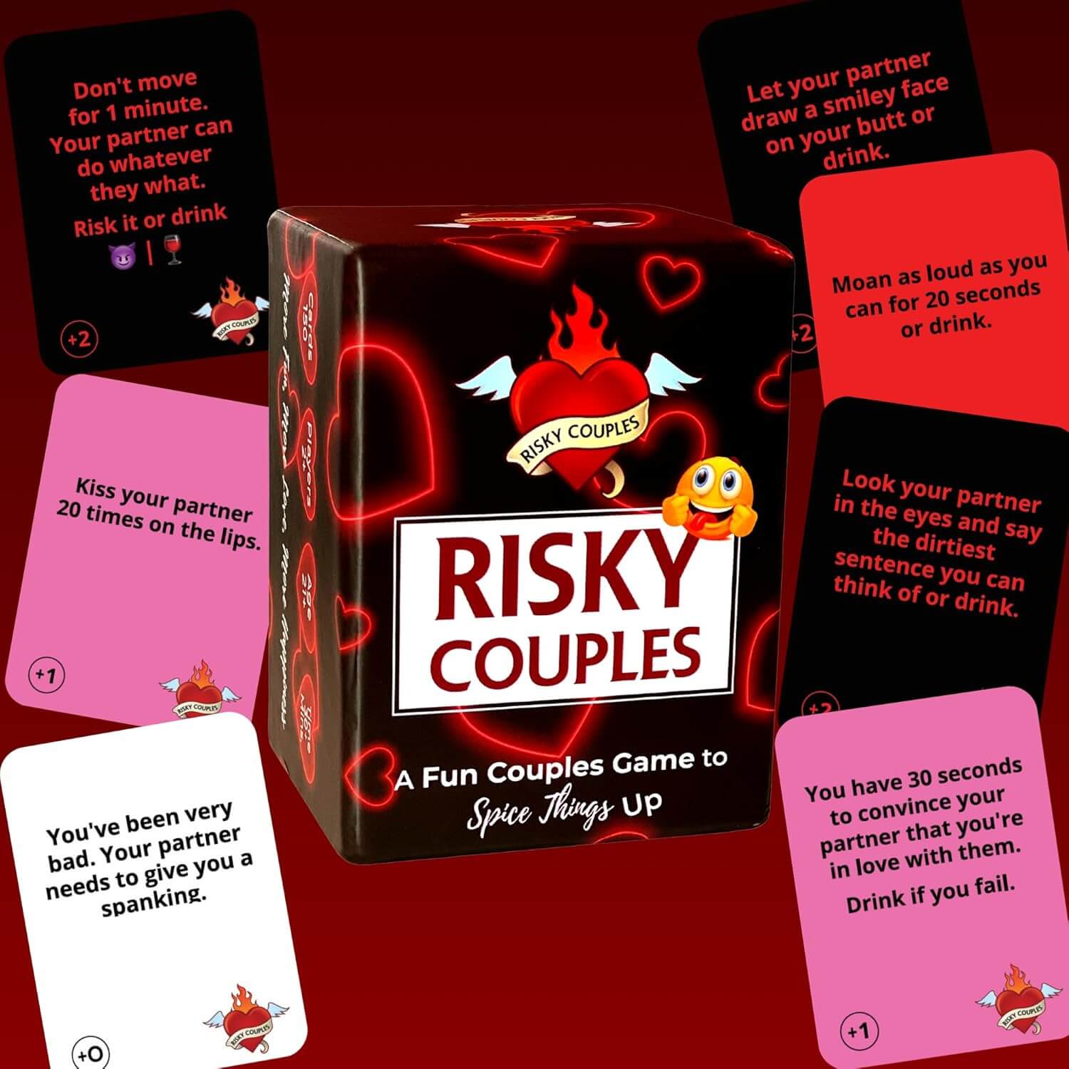 risky couples game questions with playing cards on a red background