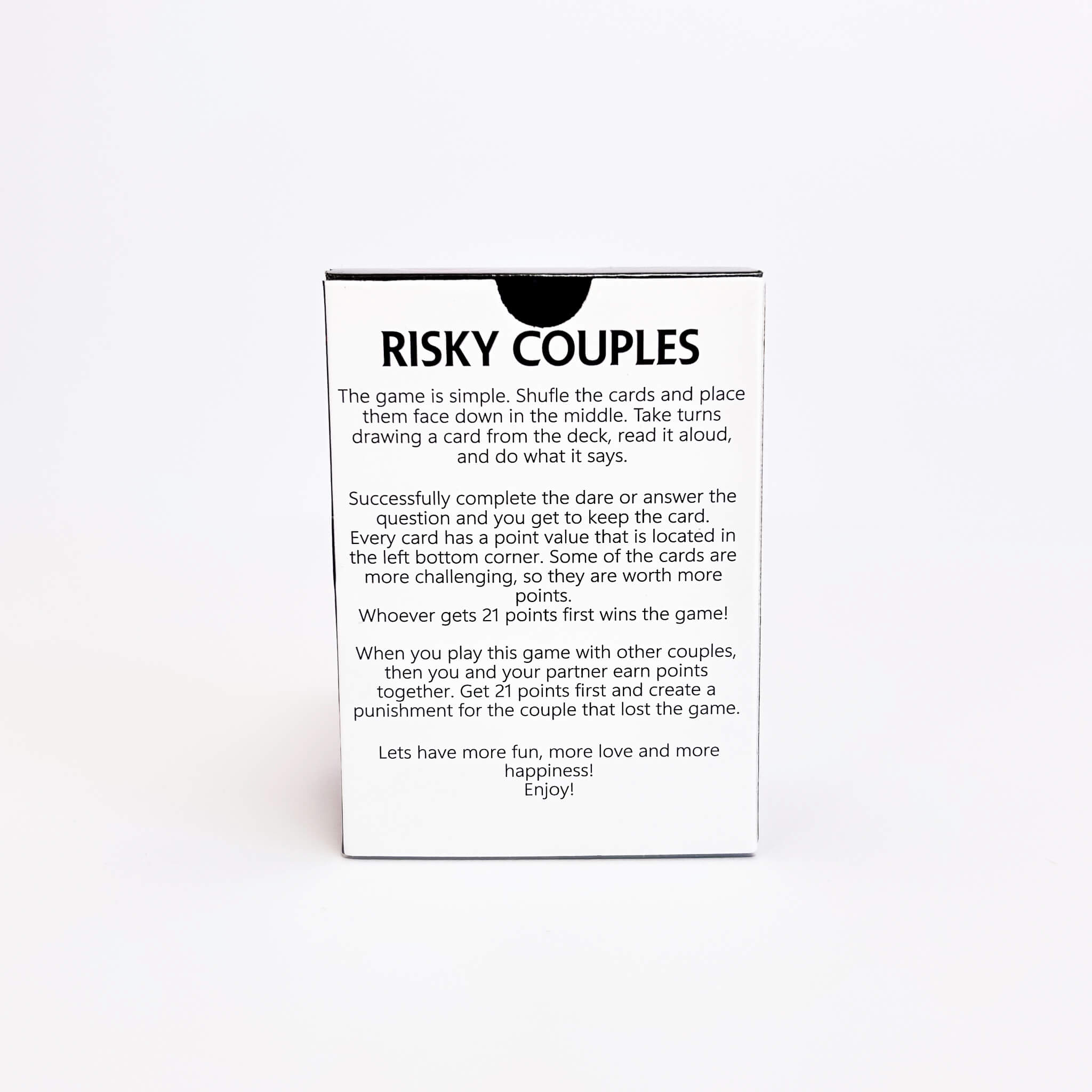Risky Couples game box with rules on a white background